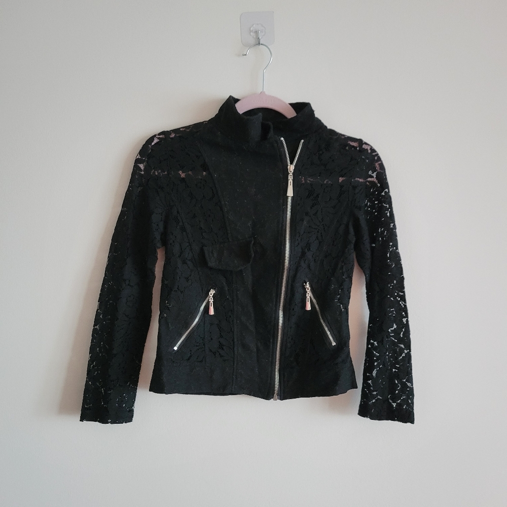 Floral Lace sheer zip up moto jacket black size xs small Goth Grunge